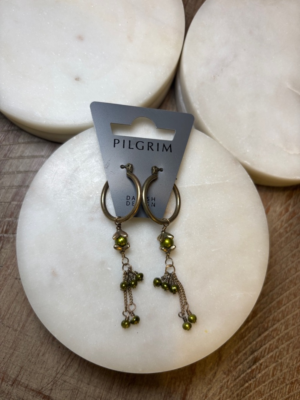 225 Pilgrim Antique Gold Hoop Earrings with Olive Bead Drops
